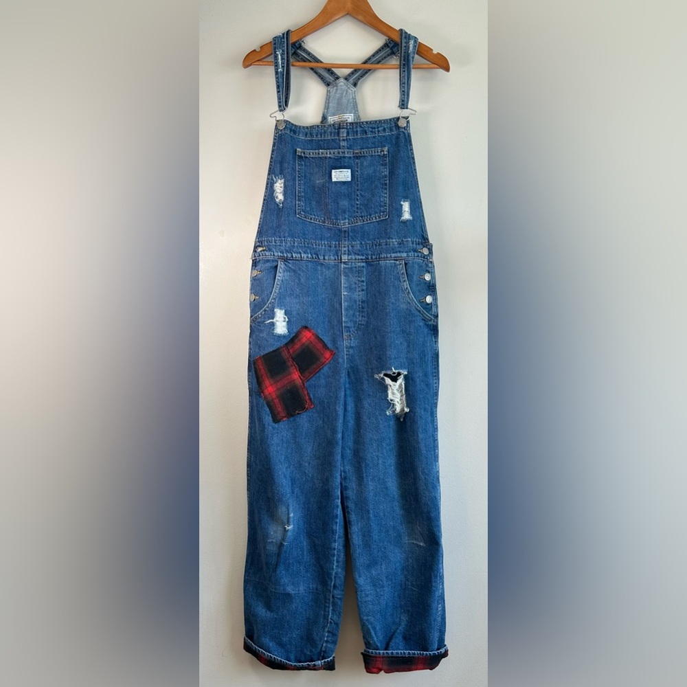 Levis Denim Overalls Men’s Size L Distressed Patchwork Buffalo Plaid Lined EUC